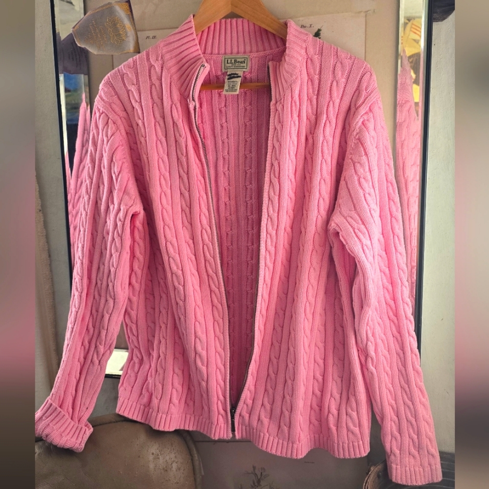 Women's LL Bean Pink Cable Knit Zip Up Cardigan Cotton Sweater XL - Picture 6 of 6